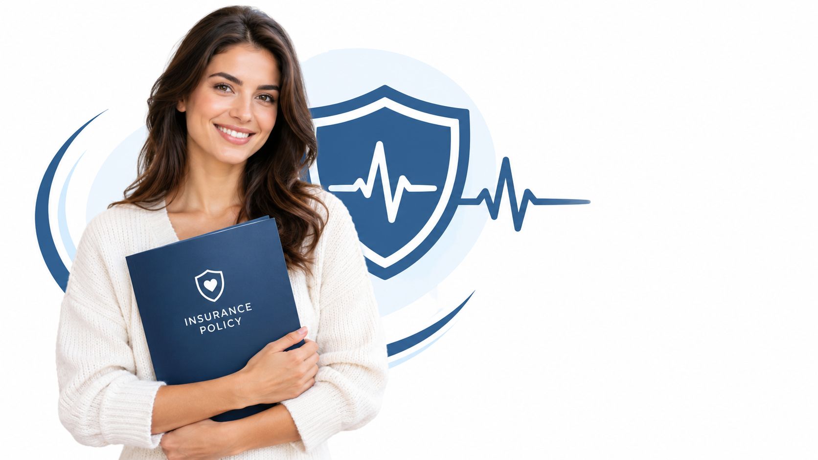 A smiling woman holding a blue folder labeled Insurance Policy with a medical shield symbol behind her.