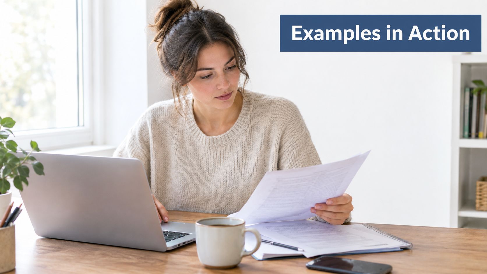 A woman working at a desk with a laptop, documents, and coffee, representing professional financial planning.