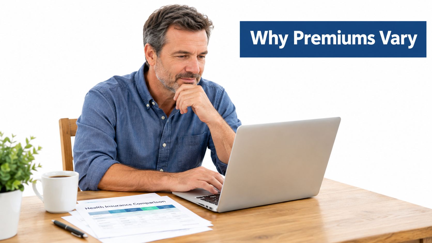 A middle-aged man sitting at a desk and using a laptop to compare health insurance plans online.