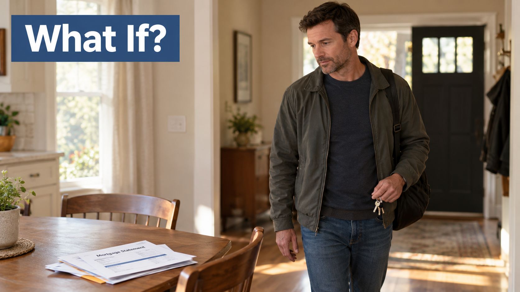 A man wearing a jacket walks home while holding his keys, approaching a mortgage statement on the table.
