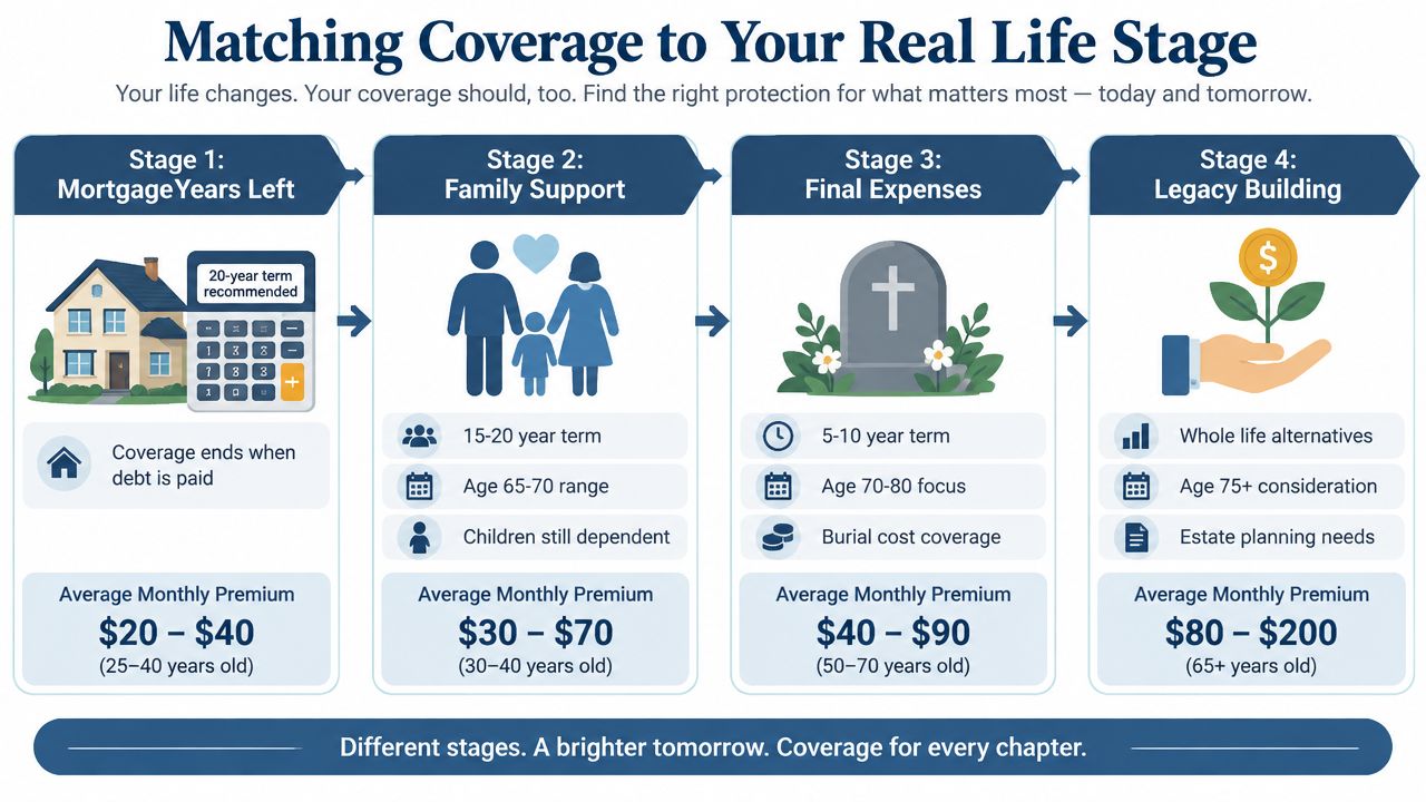 A visual guide showing four life insurance stages corresponding to different ages and financial protection needs.
