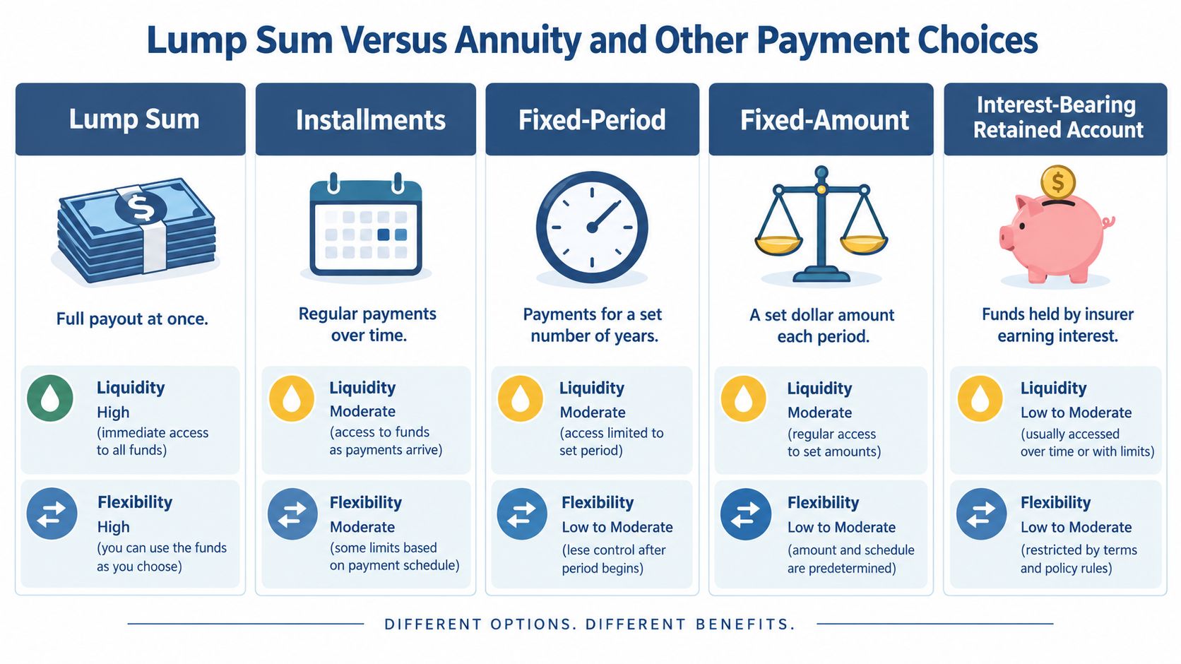 A chart comparing various life insurance payment options like lump sum, installments, and interest-bearing retained accounts.