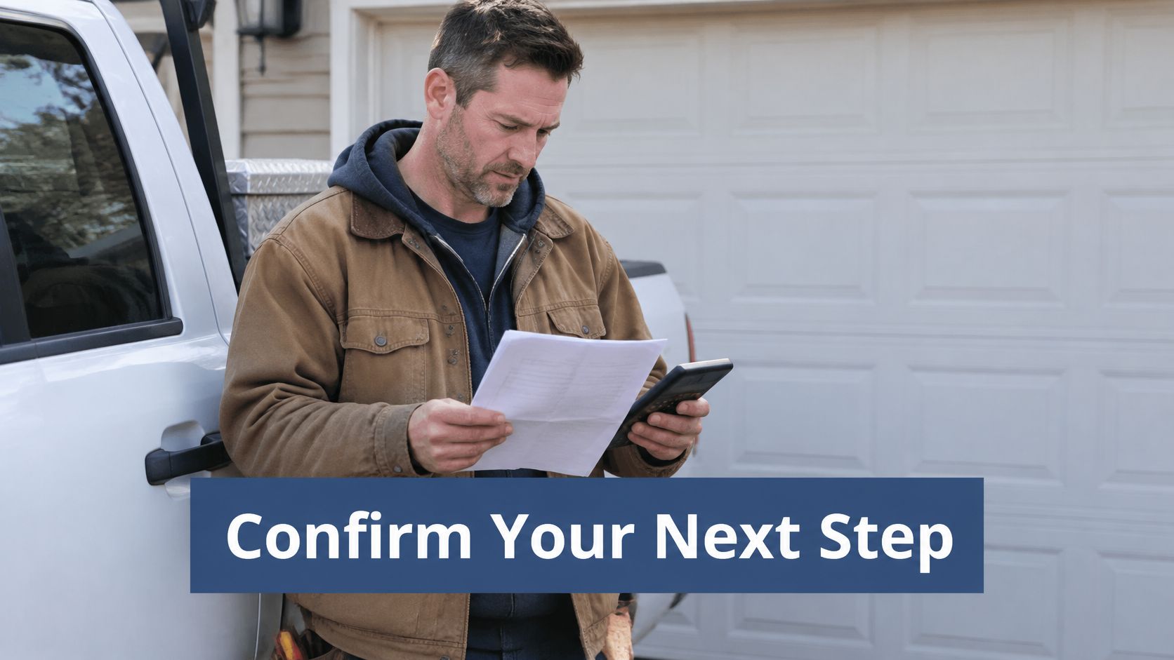 A professional tradesman reviewing documents and a smartphone while standing by his work truck outside a home.