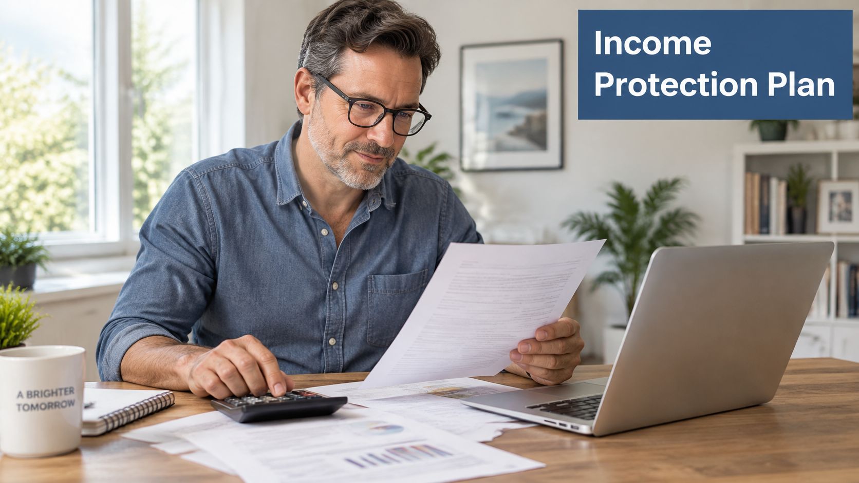 A middle-aged man with glasses reviews financial documents and uses a calculator while sitting at his desk.