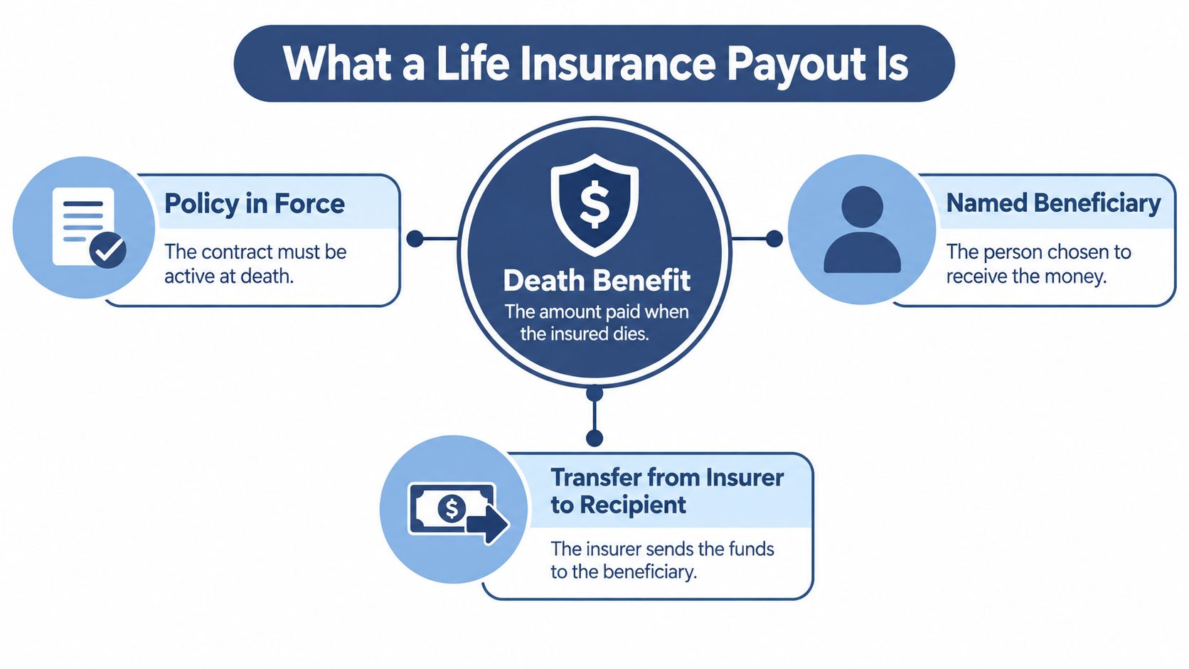 A diagram explaining the life insurance payout process, including policy status, beneficiary, and funds transfer.