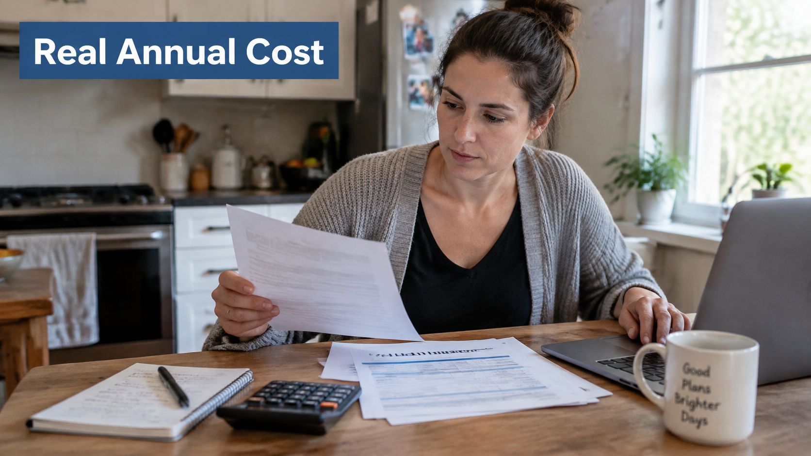 A woman reviewing financial documents while sitting at a wooden table with a laptop and calculator.