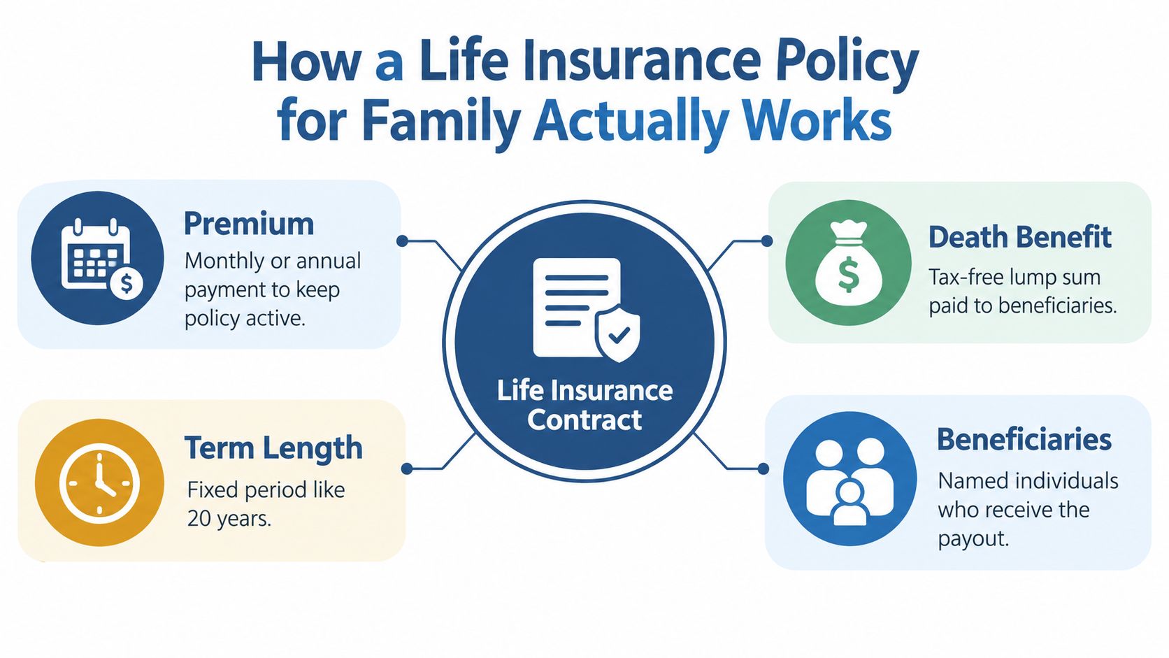 A diagram illustrating the four key components of a life insurance policy: premium, term length, death benefit, and beneficiaries.