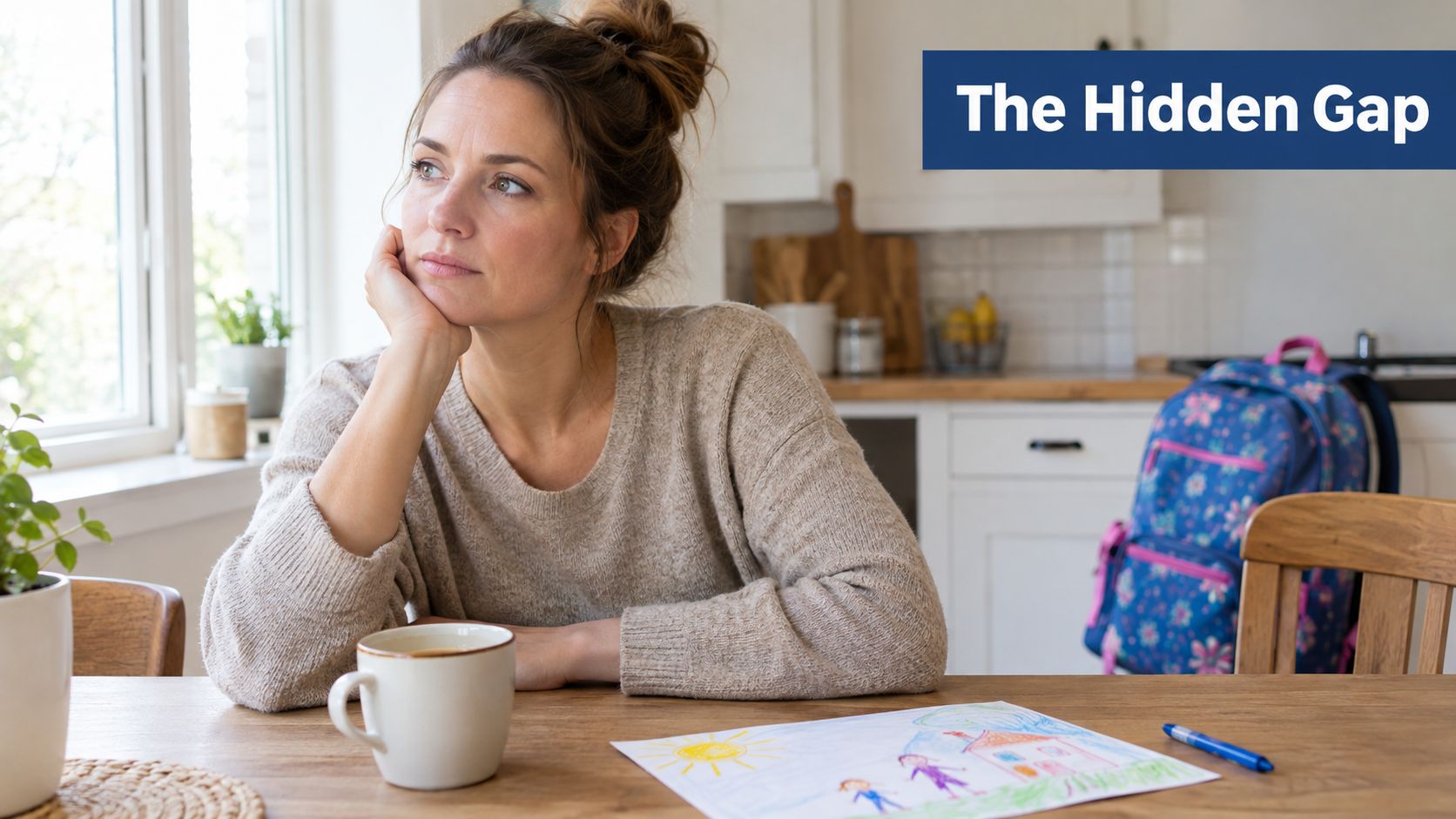 A pensive woman sitting at a kitchen table with a child's drawing, contemplating her family's future.