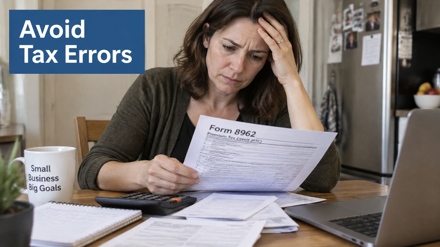 A stressed woman reviewing tax forms at a wooden desk with a calculator and a laptop.
