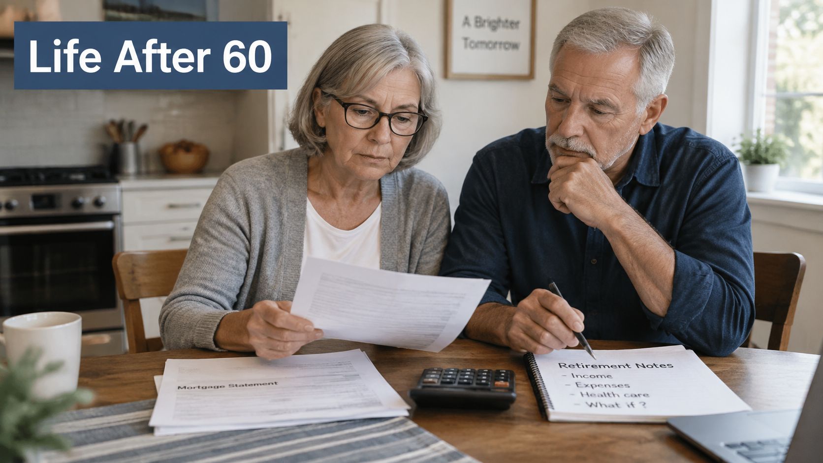 An elderly couple sitting at a wooden table reviewing financial documents and mortgage statements together while planning retirement.