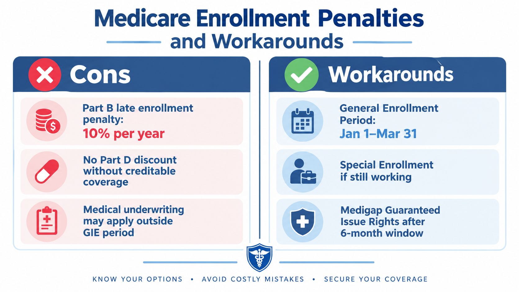 An infographic titled Medicare Enrollment Penalties and Workarounds, comparing potential late enrollment penalties against valid enrollment solutions.