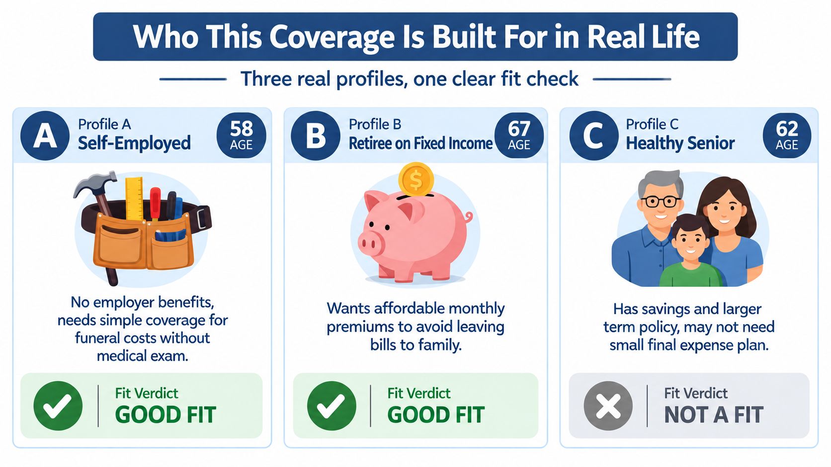 An infographic showing three profiles evaluating if final expense life insurance is a good fit for them.