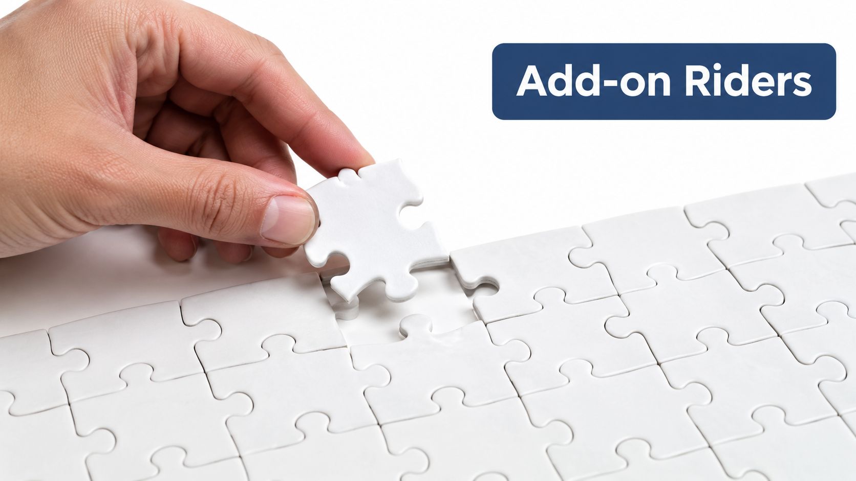 A hand placing a final jigsaw puzzle piece into a white puzzle board titled Add-on Riders.