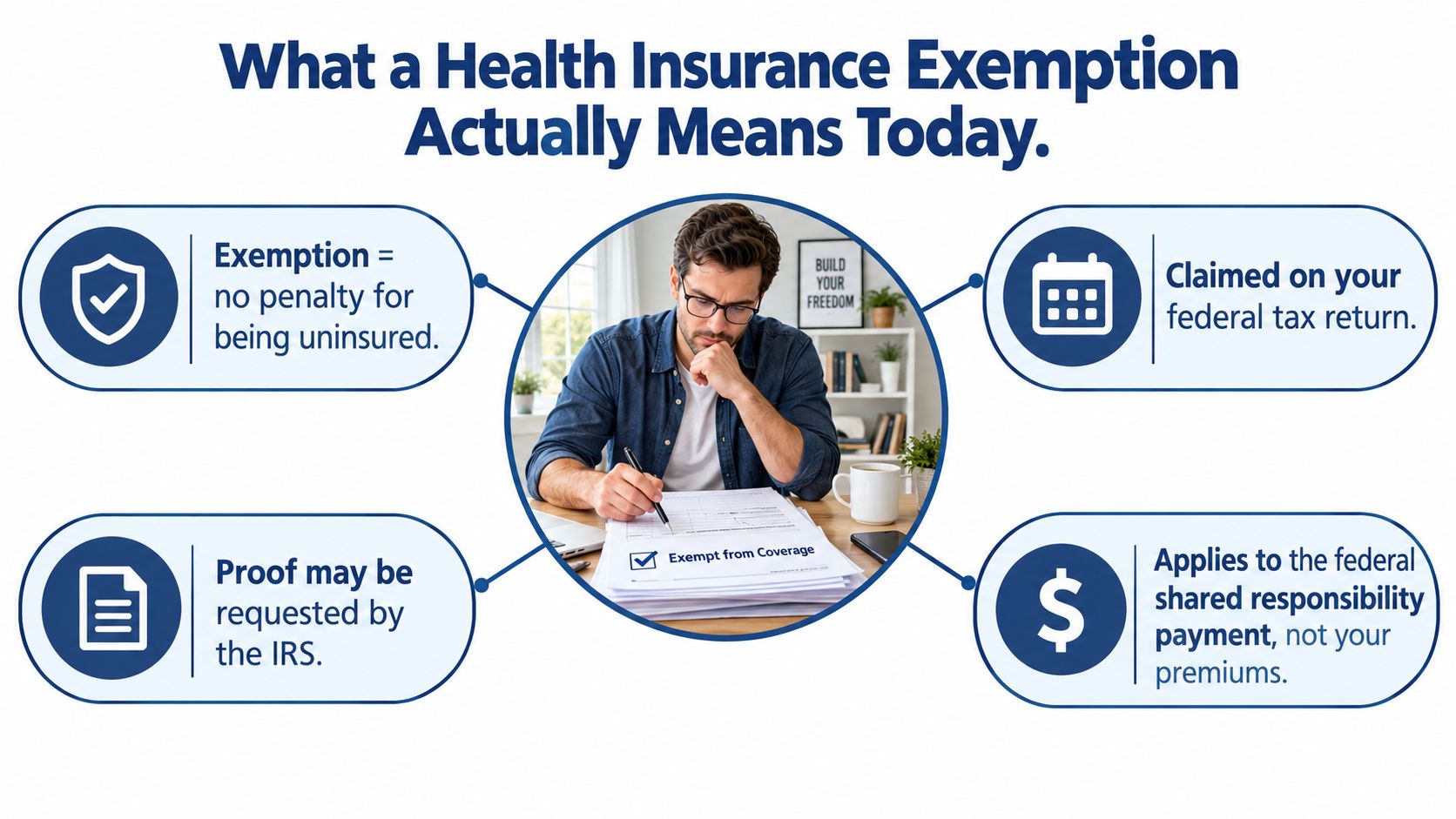 A man filling out tax forms with infographic bubbles explaining health insurance exemptions and federal penalties.