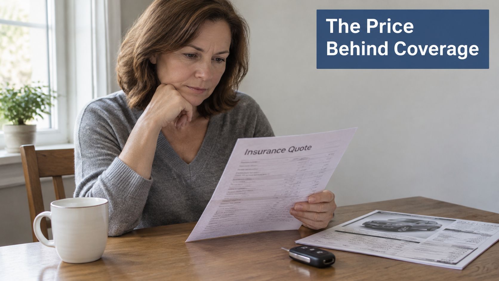 A concerned woman sitting at a table while reviewing her car insurance quote document and keys.