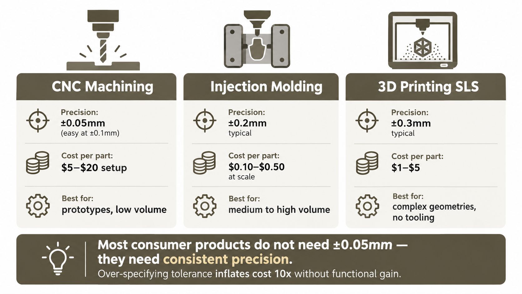 A comparison chart showing CNC machining, injection molding, and 3D printing SLS based on precision, cost, and usage.