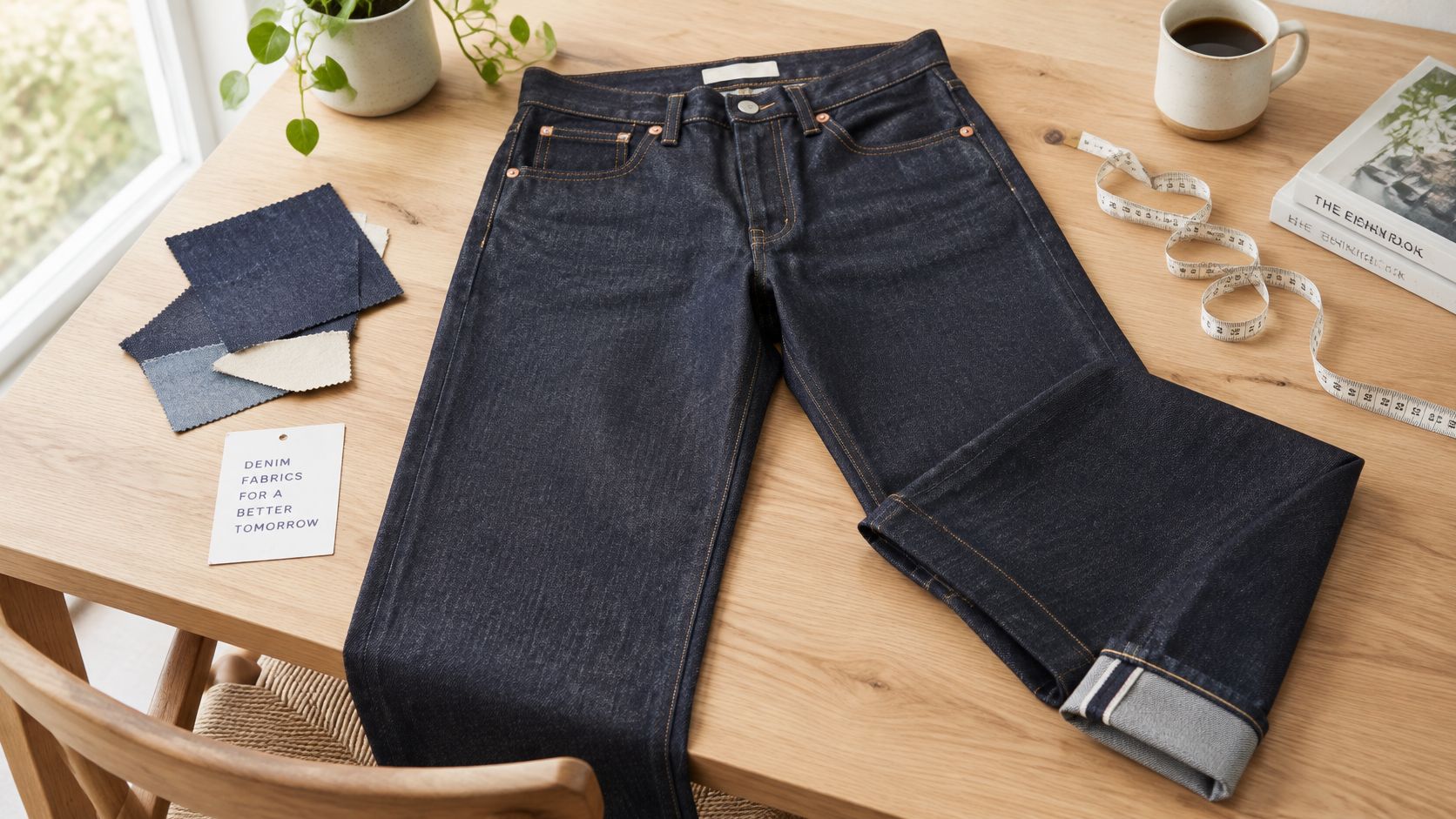 A pair of ladies raw denim jeans neatly folded on a wooden table with fabric swatches