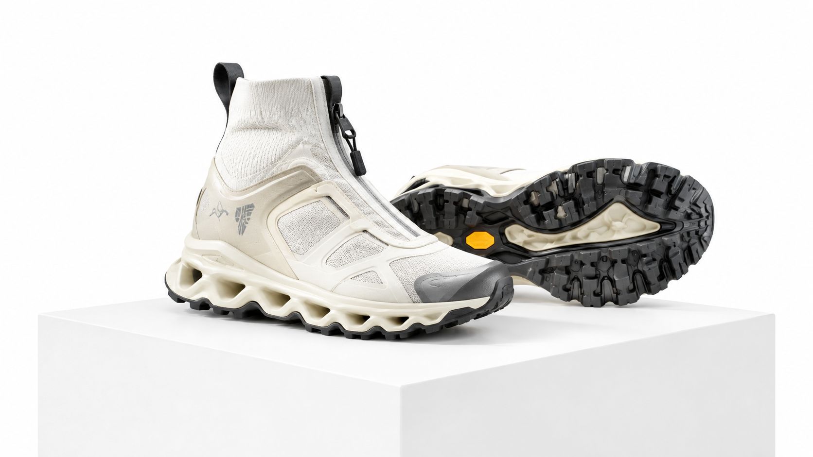 A stylish cream-colored technical high-top sneaker with a front zipper placed on a white pedestal.