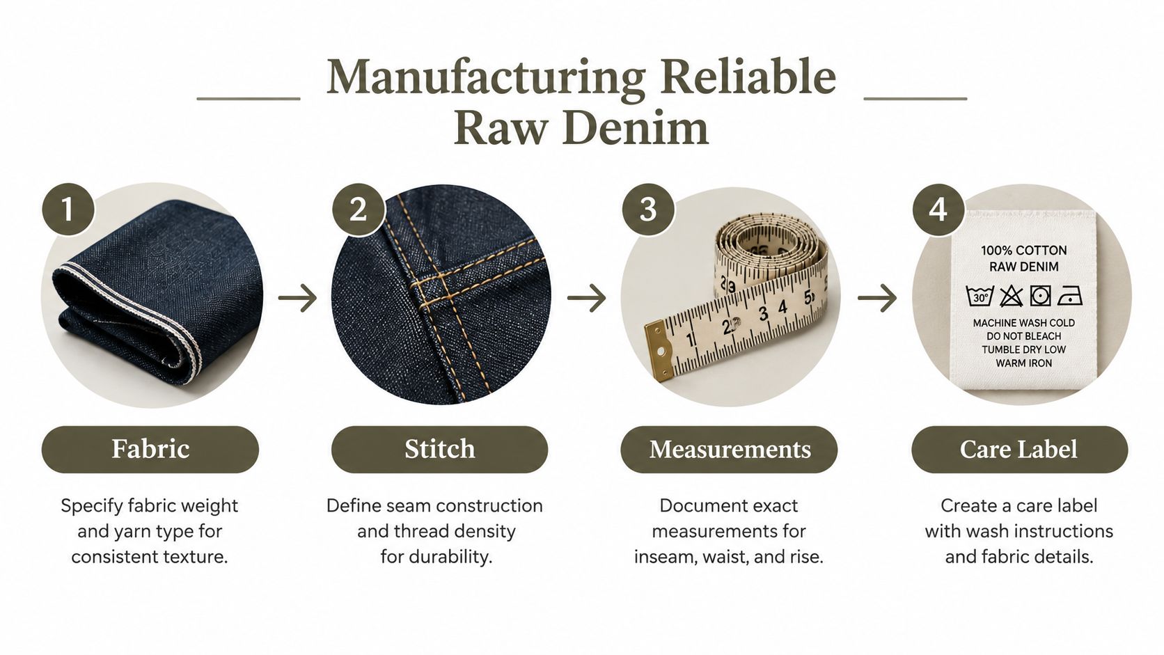 A four-step infographic showing the manufacturing process of reliable raw denim jeans from fabric to care label.