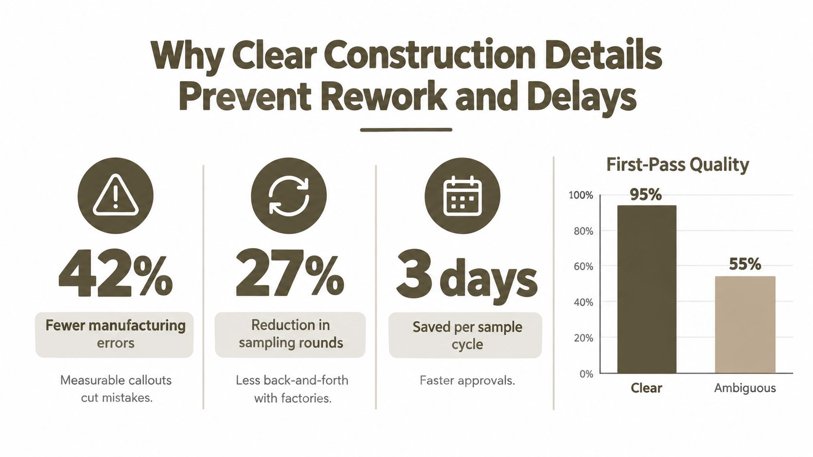 An infographic illustrating how clear construction details in manufacturing reduce errors, sampling rounds, and time while increasing quality.