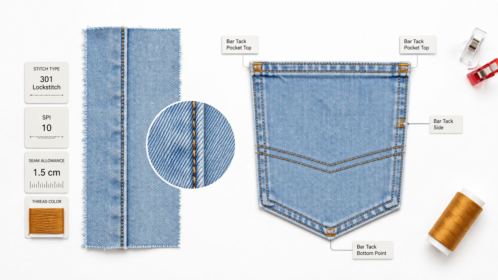 Detailed diagram of denim jeans construction, showcasing pockets, stitch types, thread color, and technical seam specifications.