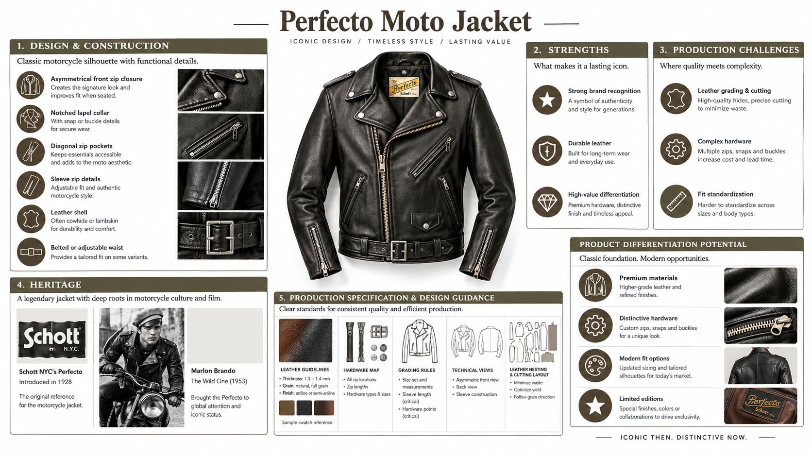 A detailed infographic explaining the design features, production challenges, and heritage of the iconic Schott Perfecto motorcycle jacket.