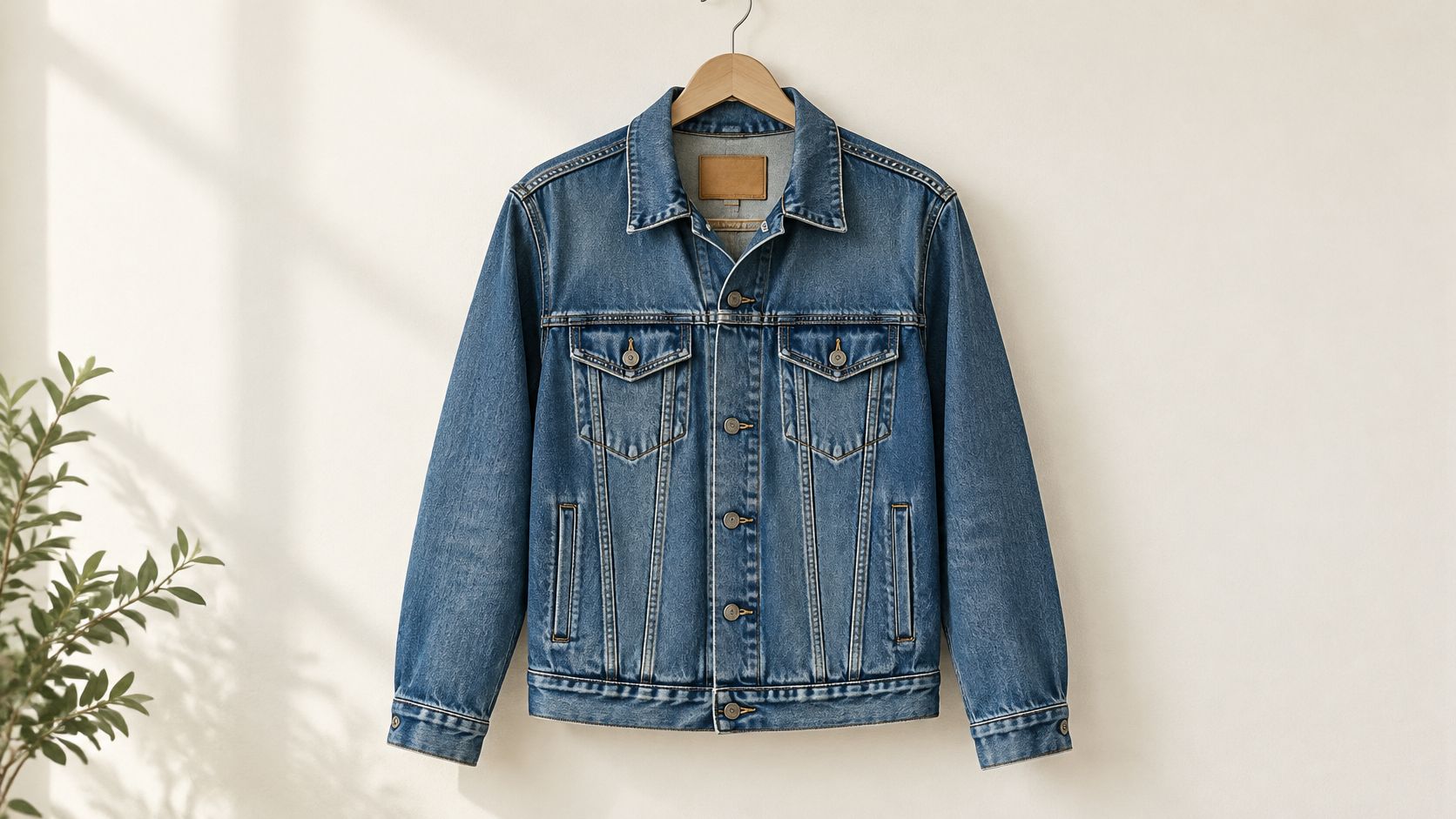 A classic blue denim jacket hangs on a wooden hanger against a minimalist off-white wall background.