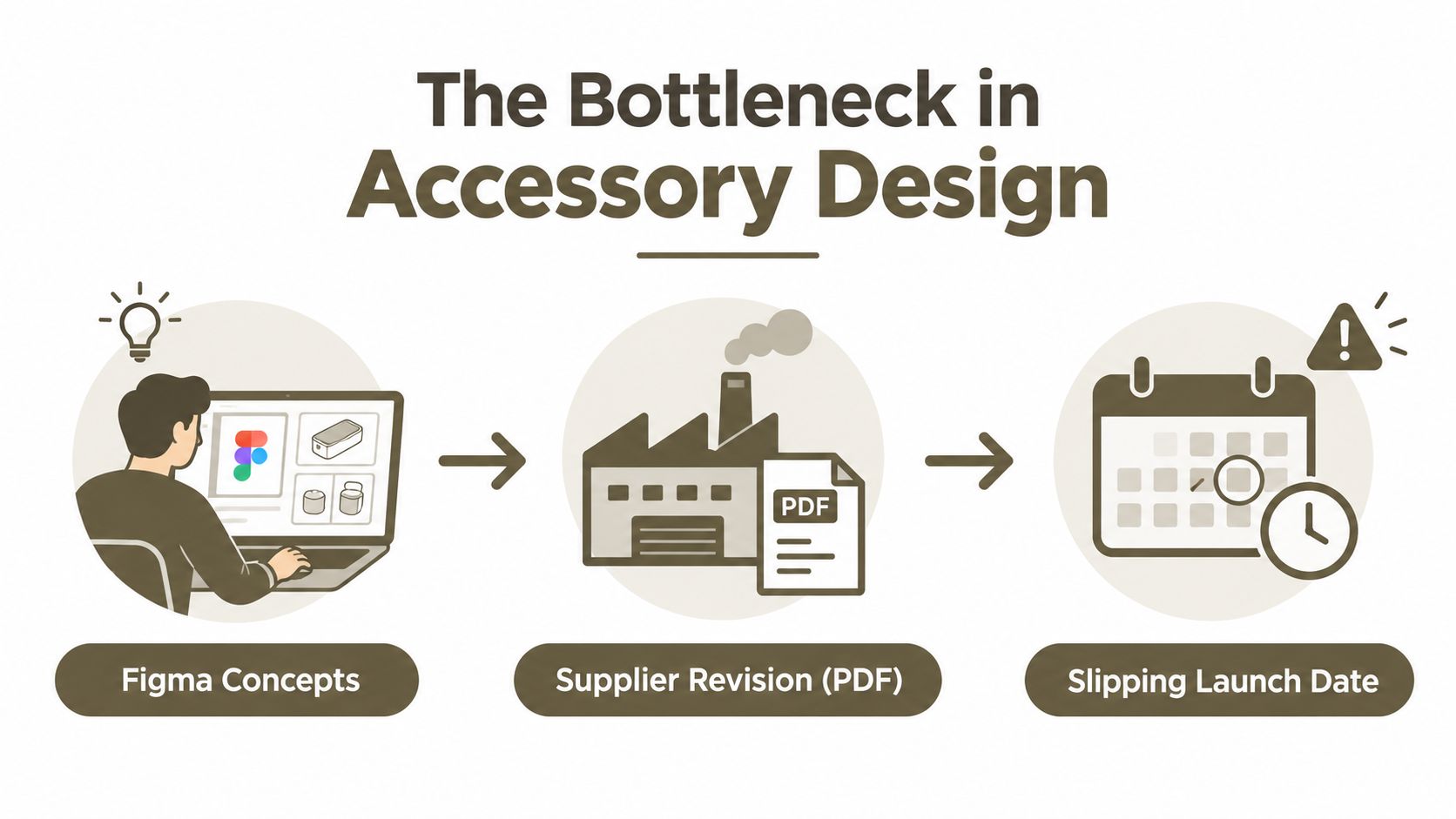 A diagram illustrating the accessory design process bottleneck from digital concepts to manufacturing delays and missed deadlines.