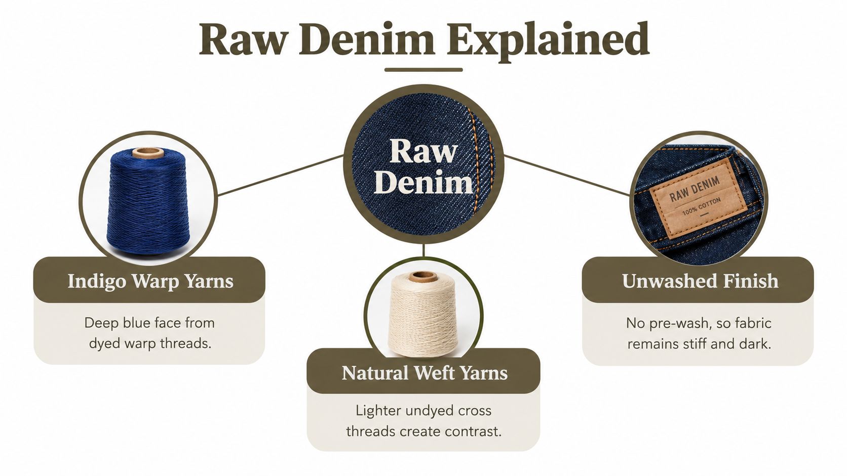 A diagram explaining raw denim construction with indigo warp yarns, natural weft yarns, and unwashed fabric finish.