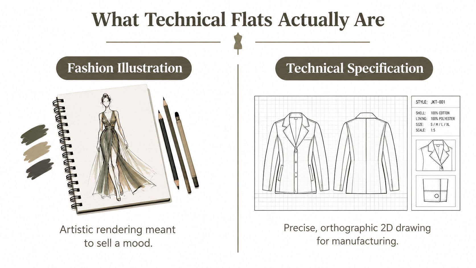 A comparison illustration showing a fashion sketch on the left and a technical flat drawing on the right.