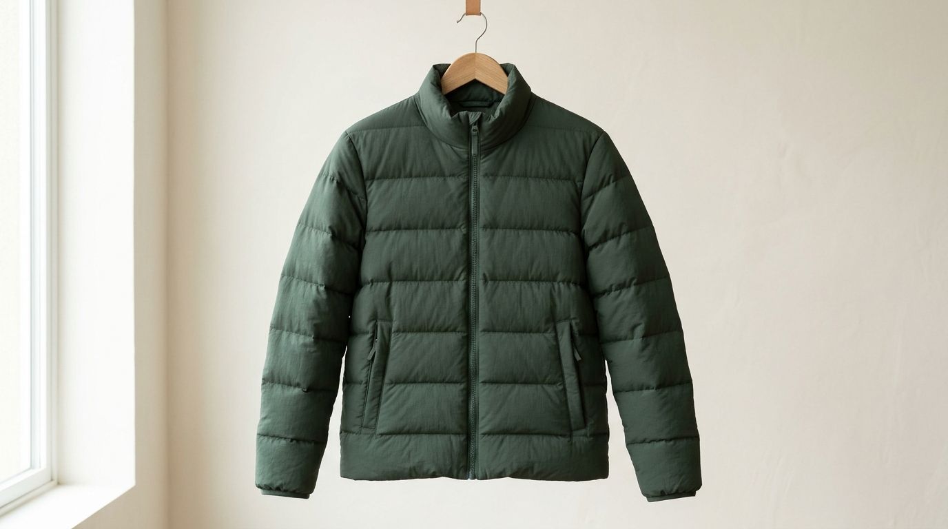 A dark green quilted puffer jacket hanging on a wooden hanger against a plain white wall background.
