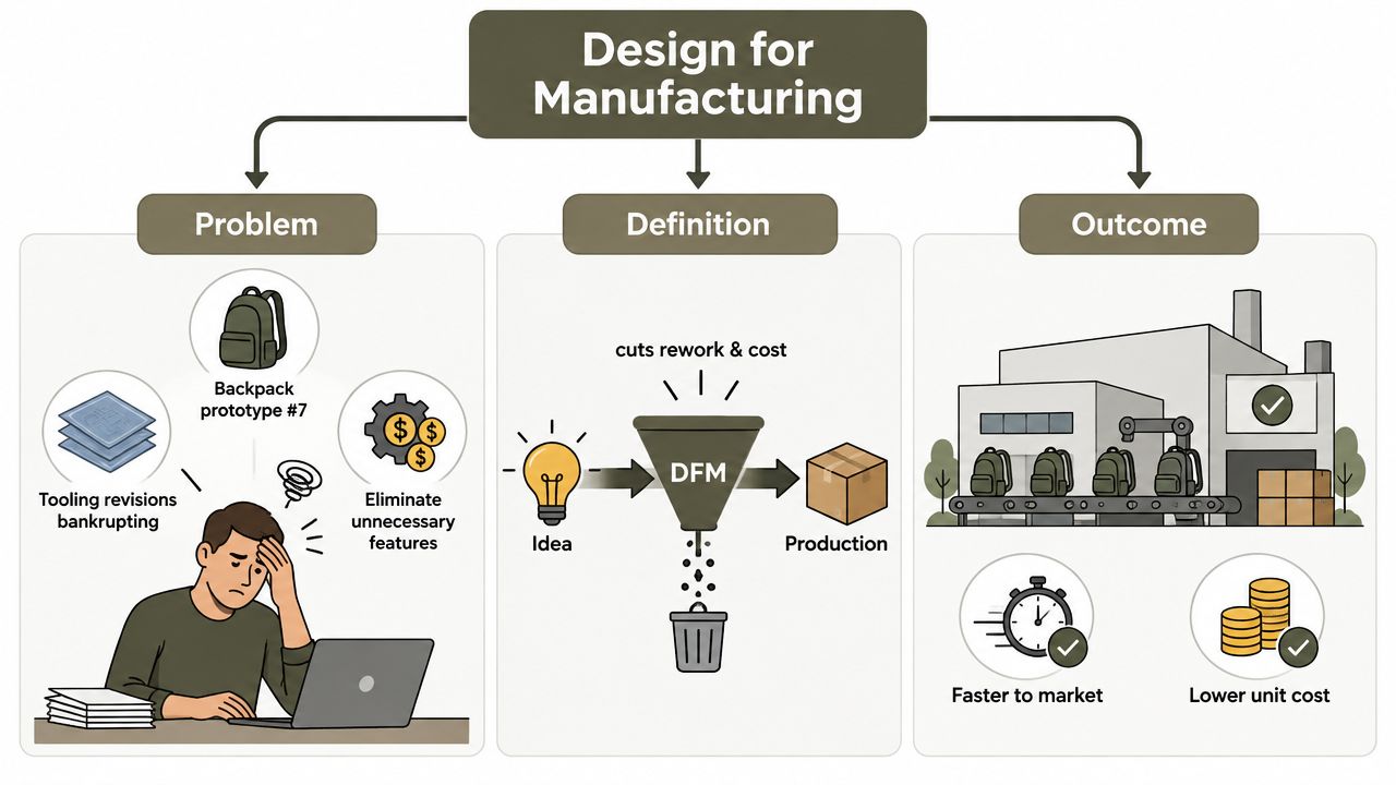 A diagram illustrating the Design for Manufacturing process, showing problems, definitions, and positive production outcomes.