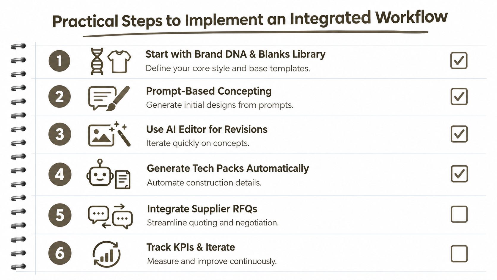 A numbered list infographic outlining six practical steps to implement an integrated workflow for product development.