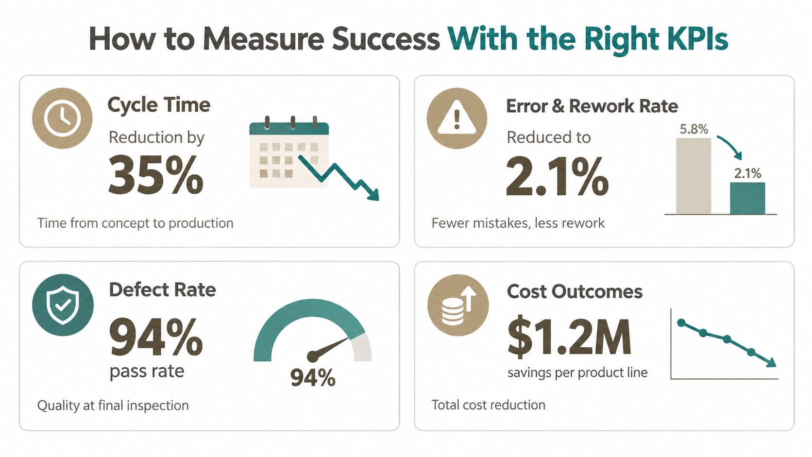 An infographic displaying four key performance indicators for integrated product development success, including cycle time, error rates, defect rates, and cost outcomes.