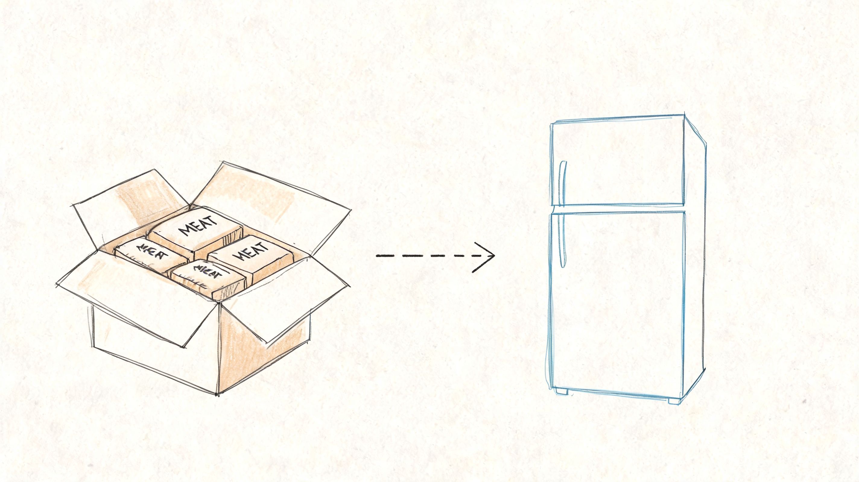 A hand-drawn illustration depicting a cardboard box filled with packages of meat being placed into a refrigerator.