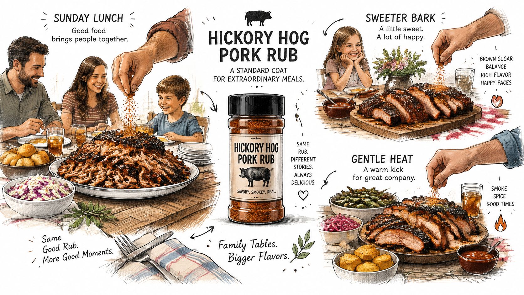 A hand seasoning a large platter of pulled pork for a happy family at a dinner table.