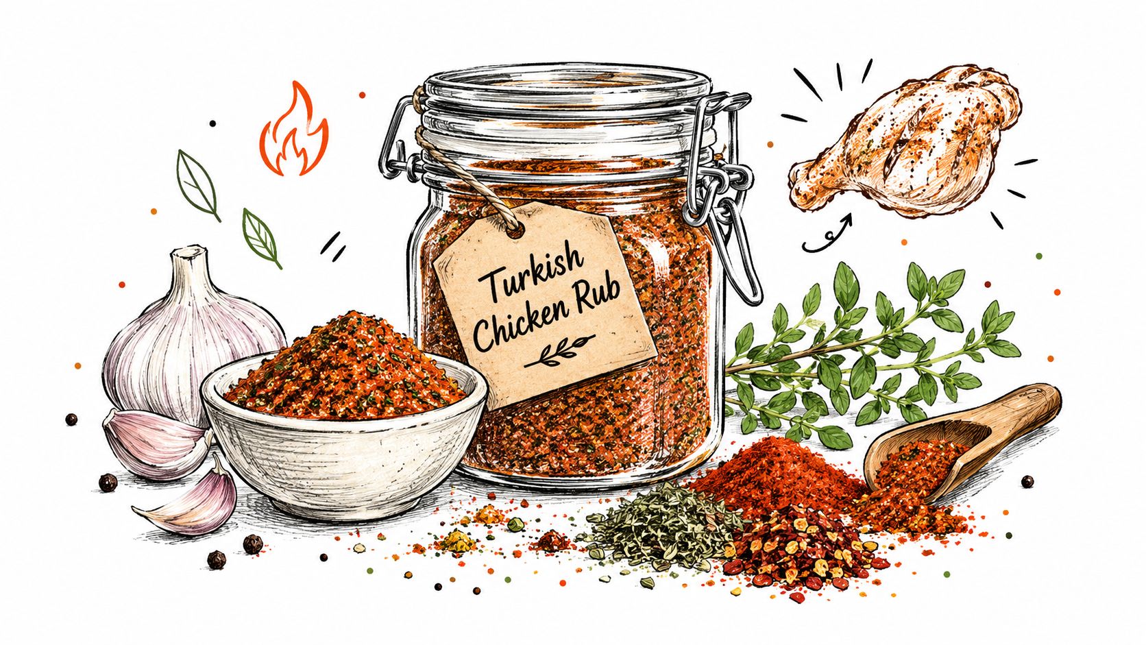 An illustration of a glass jar filled with Turkish chicken rub seasoning surrounded by spices and herbs.