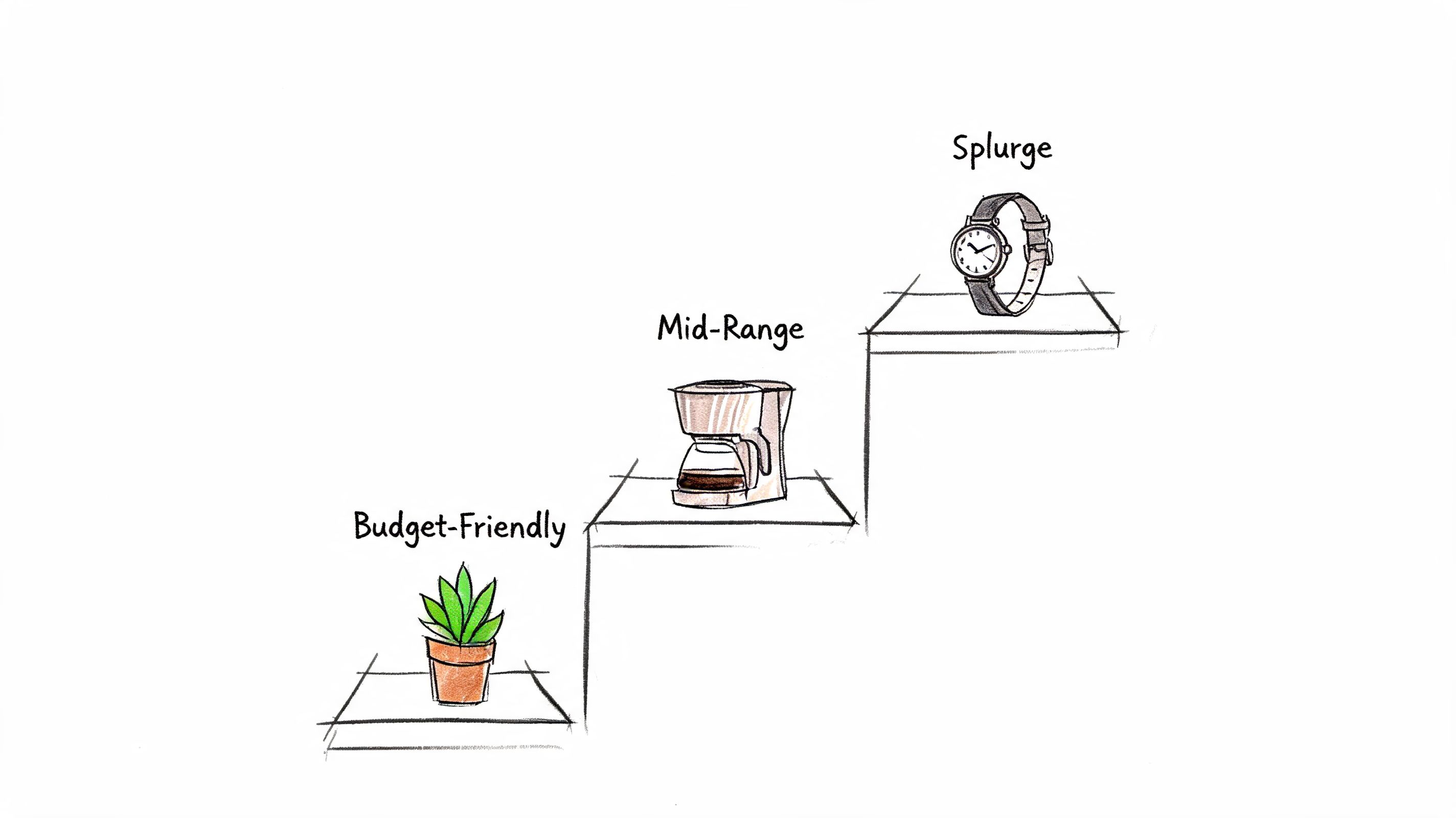A conceptual illustration showing gift categories including a plant for budget-friendly, a coffee maker for mid-range, and a watch for splurge.