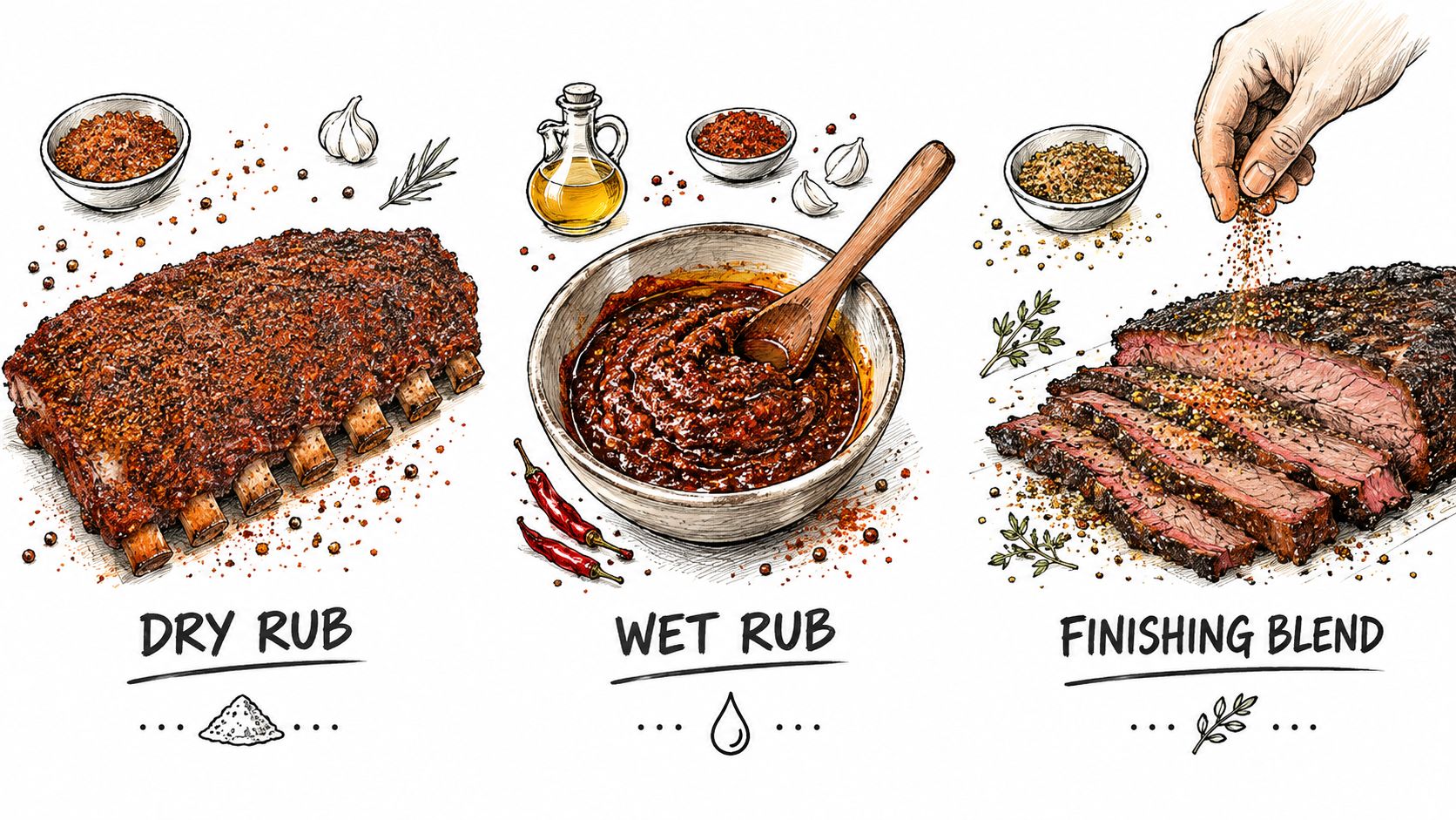 A hand-drawn illustration demonstrating three different bbq seasoning techniques: dry rub, wet rub, and finishing blend.
