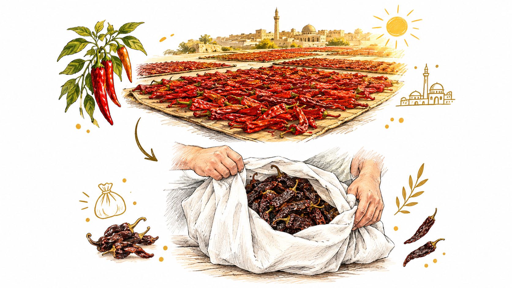 An illustration showing the sun-drying process of Urfa chilli peppers with hands packing the dried chilies.