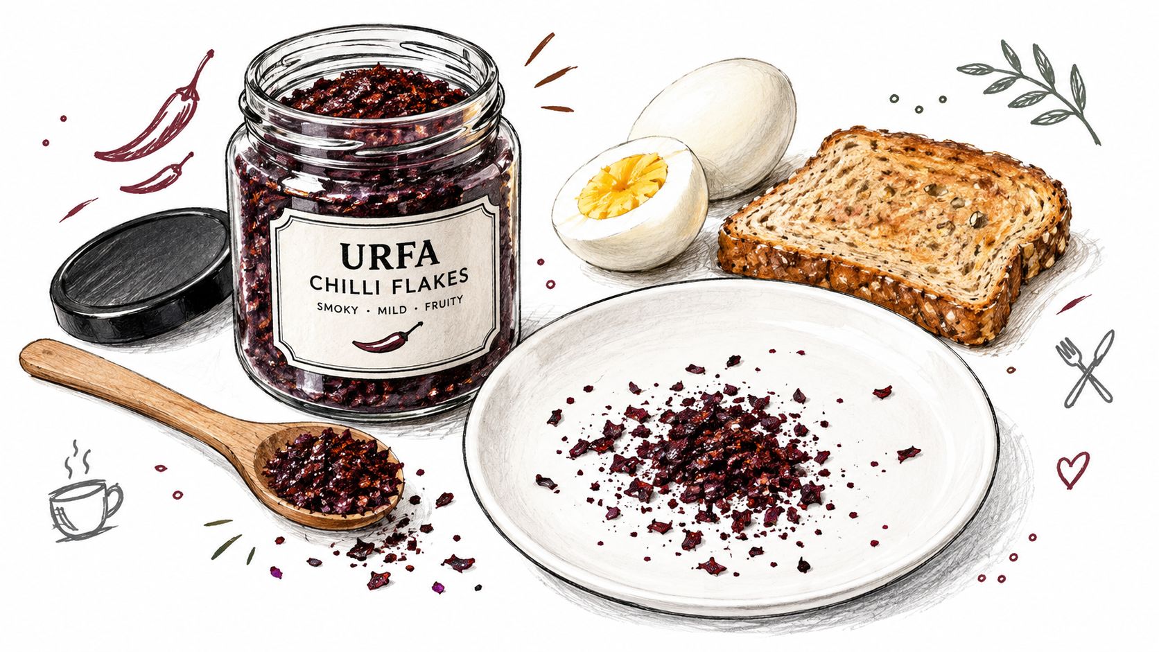 A detailed illustration of a jar of Urfa chilli flakes, a wooden spoon, eggs, and toast.