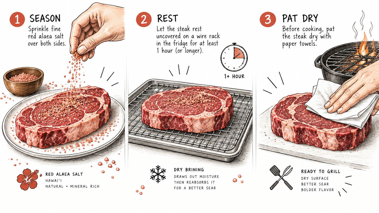 A three-step guide illustrating how to season, rest, and pat dry a steak for grilling.