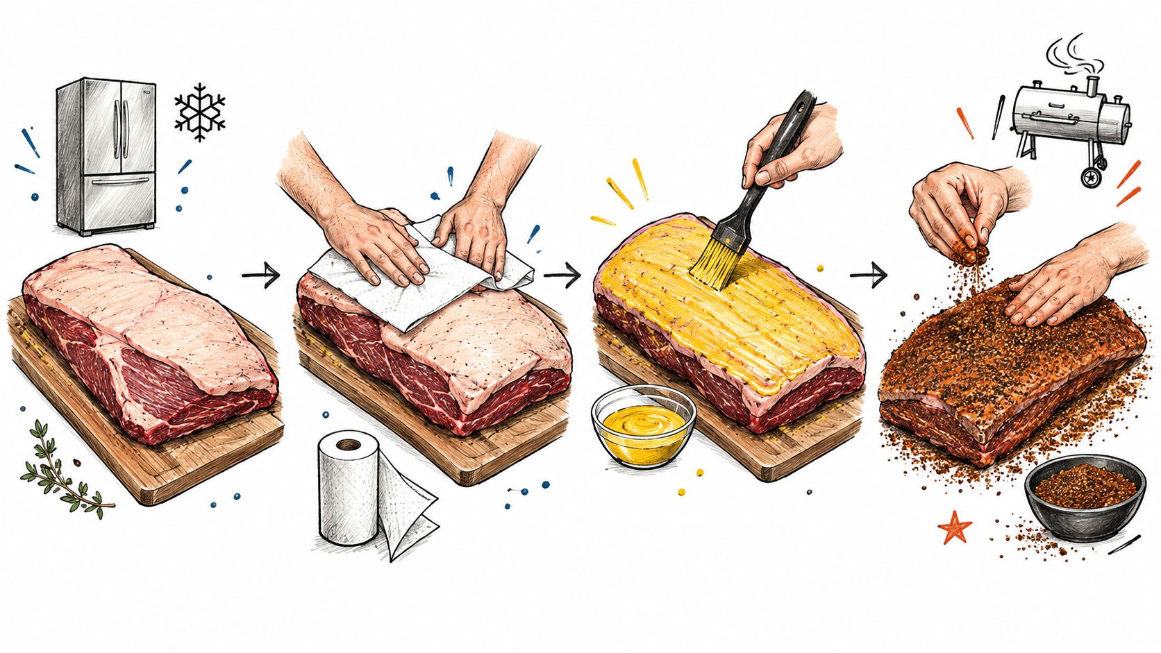 A four-step illustrated process showing how to prep and season raw beef brisket for smoking.