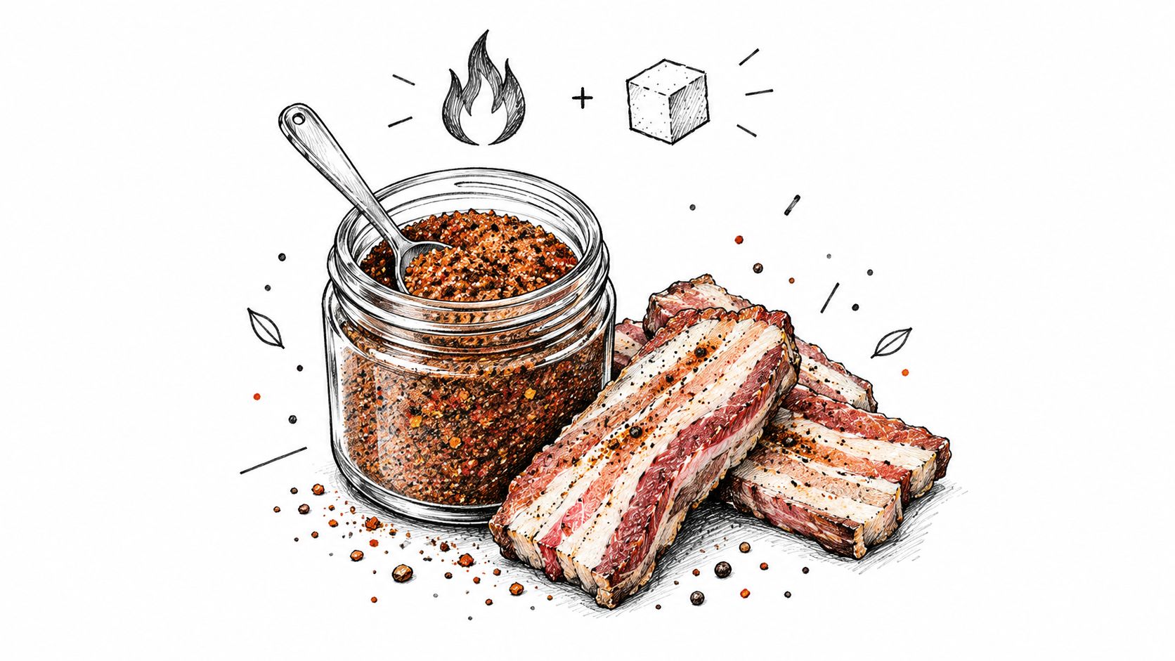 A hand-drawn illustration featuring a jar of dry spice rub next to raw pork belly slices.