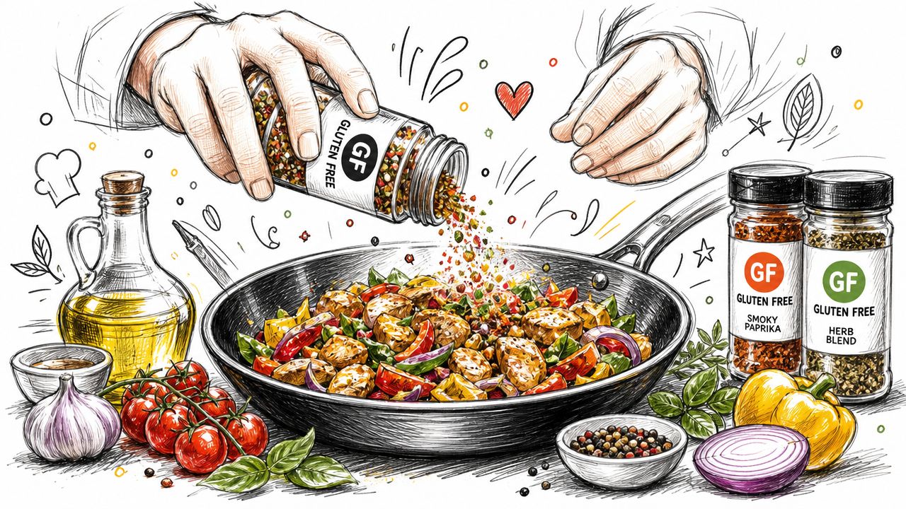 A hand sprinkling gluten-free seasoning into a frying pan filled with colorful vegetables and chicken pieces.