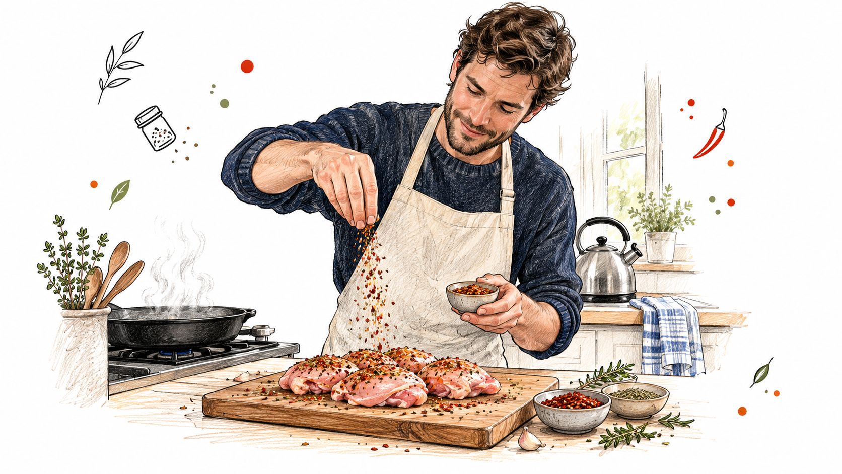 A man in an apron seasoning raw chicken pieces with spices on a wooden cutting board