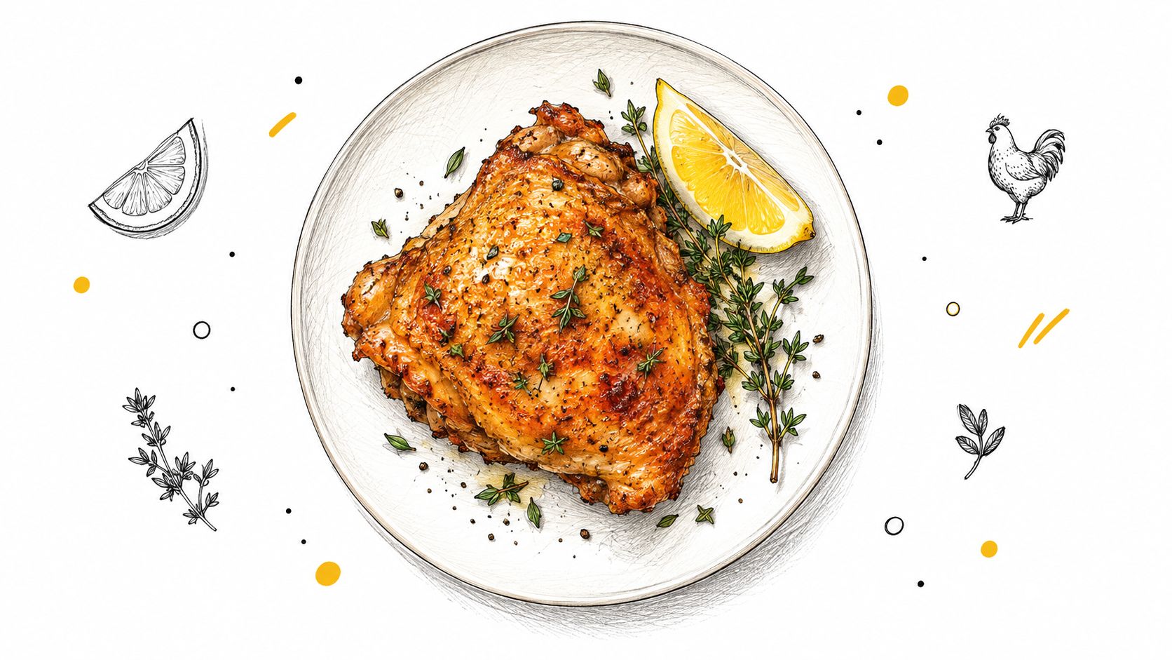A golden-brown roasted chicken thigh on a plate garnished with fresh thyme and a lemon wedge.