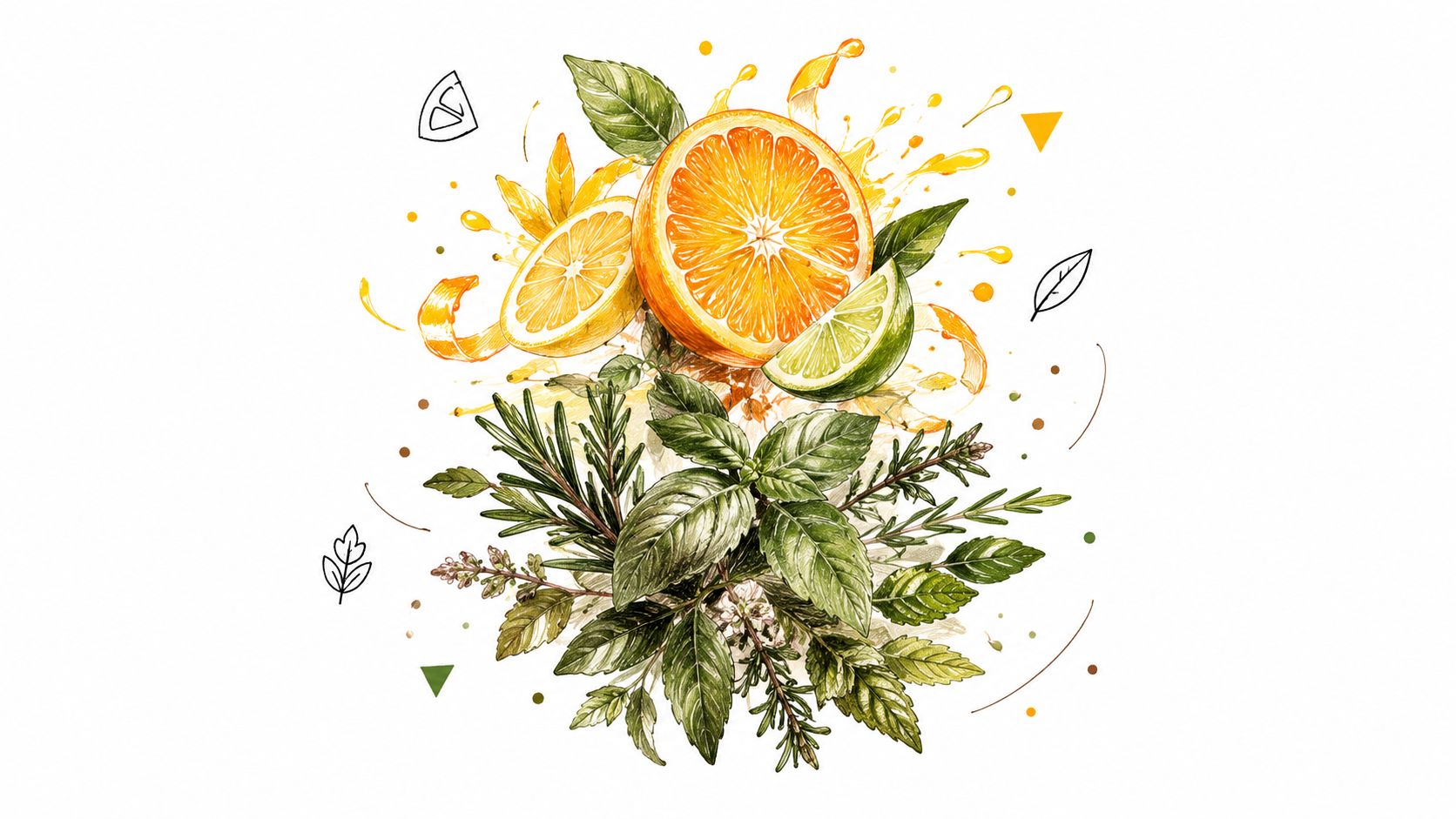 Fresh orange slices, a lime wedge, and green herbs arranged artistically against a white background.