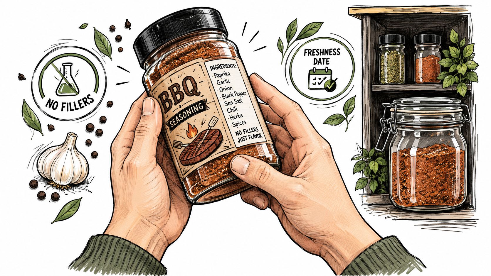 A pair of hands holding a jar of BBQ seasoning with a list of natural ingredients visible.