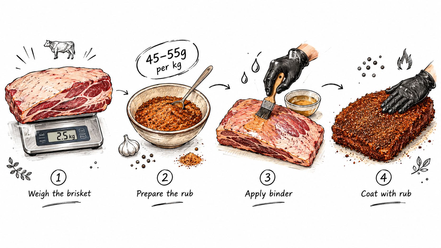 A four-step illustrated guide showing how to weigh, season, and prepare a beef brisket for smoking.